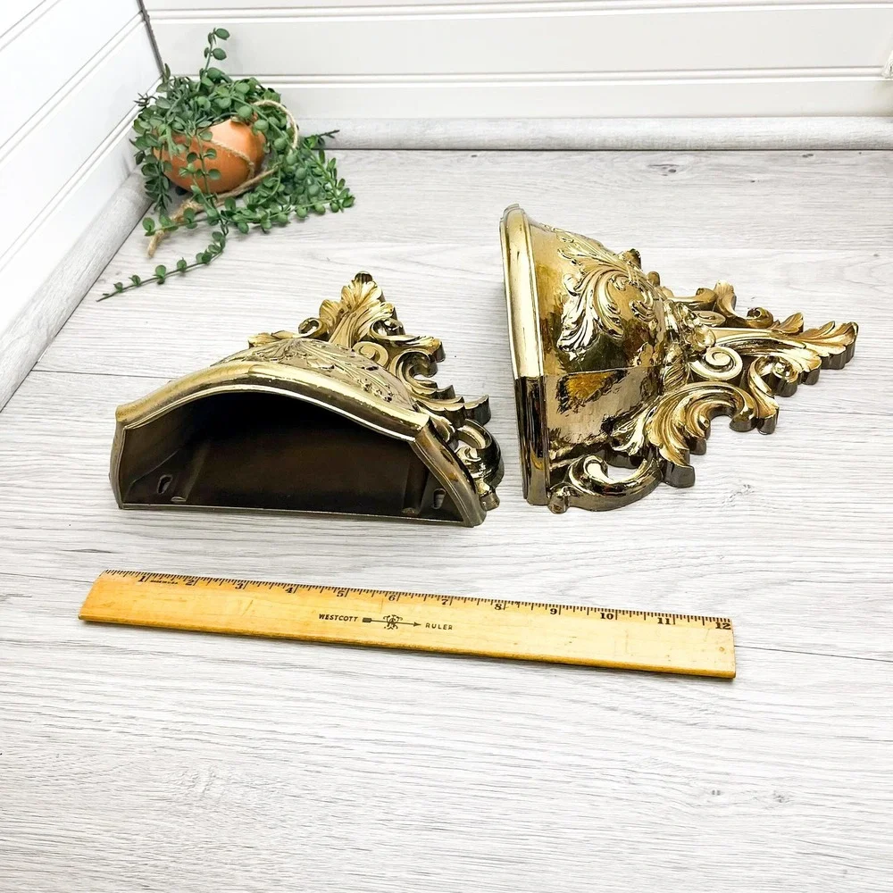 Ornate Gold Plastic Wall Shelf Set: Mid-Century Gothic Decor